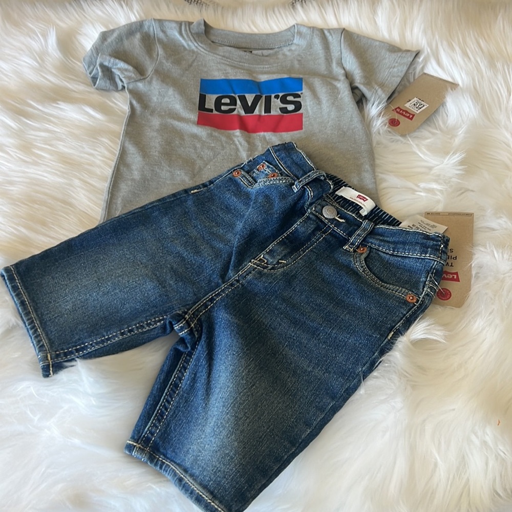 Levi's Baby Boys' Graphic T-Shirt & Denim Shorts 2-Piece Outfit Set 24M BlueGray